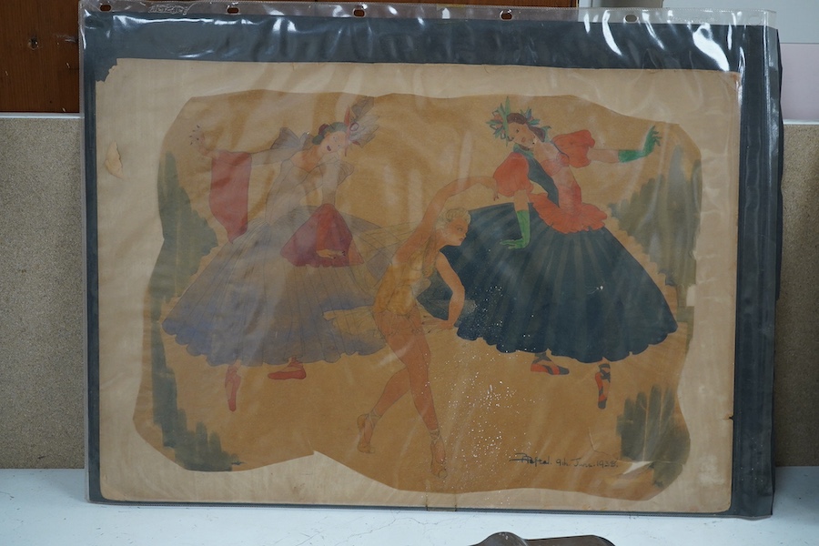 Two works comprising: 20th century School, pastel on paper, Study of a seated nude woman and a pencil and watercolour, Study of three dancing women, indistinctly signed and dated June 1938, largest 38 x 55cm, unframed. C